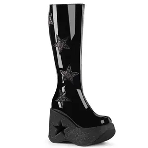 Demonia Dynamite-218 Black Patent-Black Multi Glitter Knee-high Boots