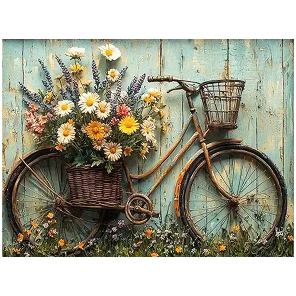 Multiple sizes available, square and round diamonds, 5D DIY diamond painting set, diamond art embroidery kit, handmade furniture decor, personalized gift, Vintage bicycle with flower basket wall art, Crafts