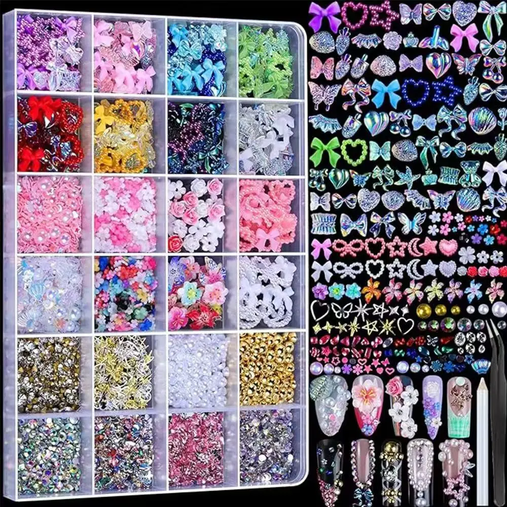 24-Grid Multiple Pieces Nail Charms Kit - Multi-Shape Gems, AB Rhinestones,  Y2K Charms, 3D Hawaii Flowers, Easily Apply Supplies, Artificial Art Accessories Nail Art Supply Manicure Nail Art sohochic