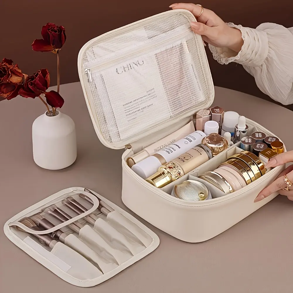Women's Quilted Makeup Organizer Pouch - Multi-Compartment Gym Travel Case with Detachable Sections, Brush Storage, Zip Closure, Polyester-Nylon Material for All Seasons, Toiletry