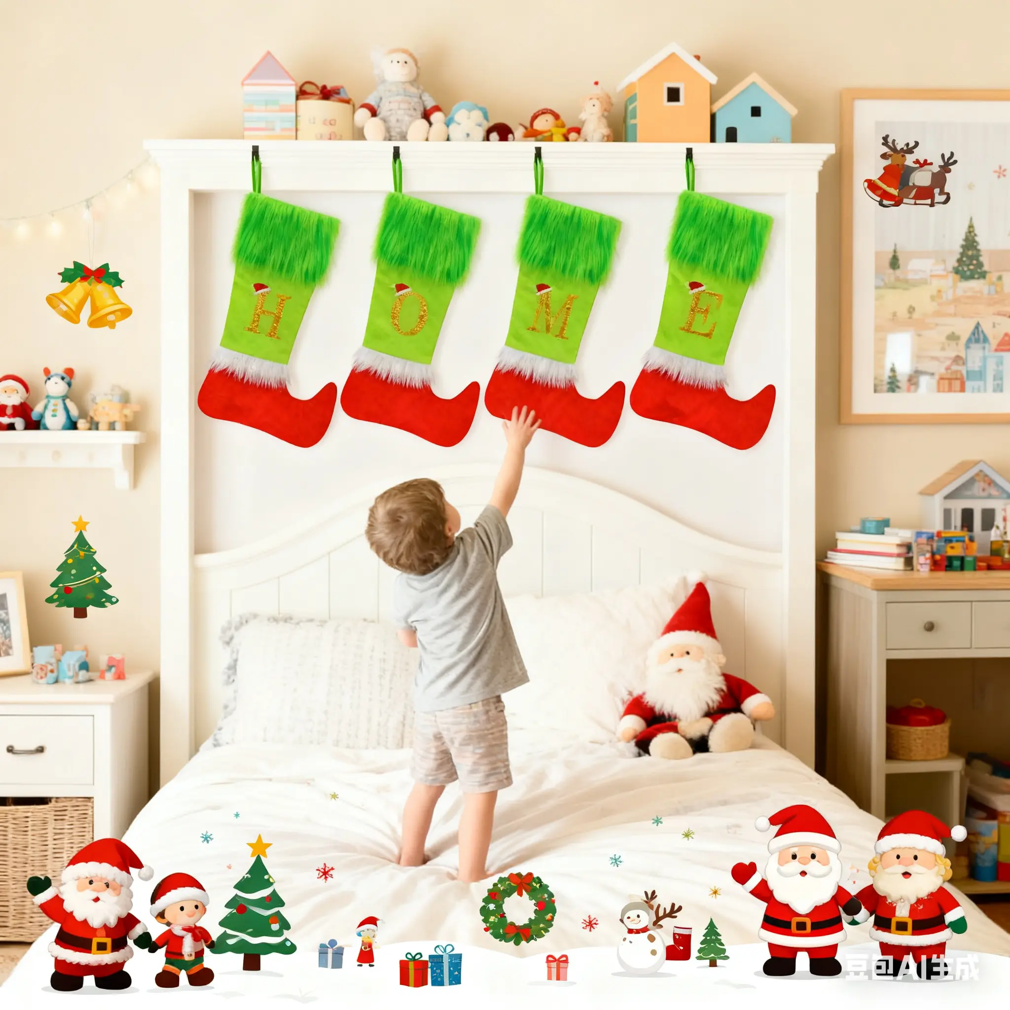 4-Pack 19-In Soft Synthetic Lime Green Faux Fur Christmas Elf Stockings, Easy-Install Party Decoration Supplies, Christmas Home Fireplace Hanging Treat & Candy Pouch Holder