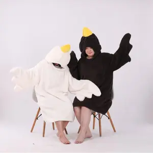 Funny Goose Onesie Wearable Blanket – Oversized Fleece Hoodie with Sleeves & Non-Slip Slippers for Men & Women (Black/White)