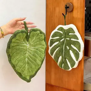 Alocasia Leaves Botanical Hanging Hand Towel - Hangable, Absorbent Cloth for Kitchen and Bathroom Use