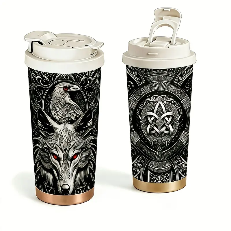 Insulated thermos cup 18 ounces, leak-proof sports cup with lid, stainless steel reusable coffee mug for hot and cold beverages, suitable for both men and women, featuring an eagle and wolf king pattern, a perfect Valentine's Day gift for men, 1-piece set