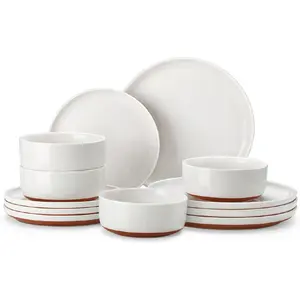 12-Piece Modern Stoneware Dinnerware Set for 4 White Ceramic Plates and Bowls for Kitchen Microwave and Dishwasher Safe