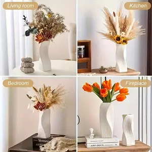 Wavy Texture Ceramic-Finish Vase Decorative Flower Vase - Matte Plastic Floral Decor for Tulips/Roses, Minimalist Centerpiece for Dining Table, Artistic Gift for Home & Wedding in Neutral Colors