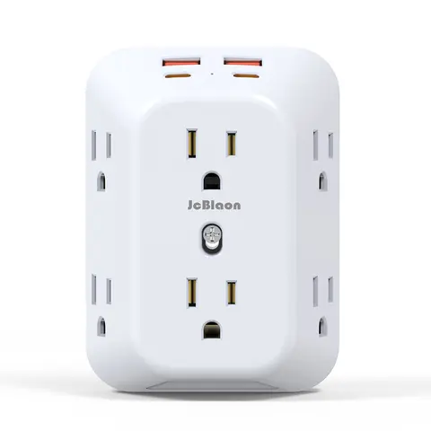 JcBlaon Compact 5V Plastic Outlet Extender Surge Protector - 6-Outlet Adapter with 4 Ports (2 Type C, 2 USB-A), 3-Sided 1050J Multiple Sockets USB Plug-In Wall Charger for Home, Bedroom