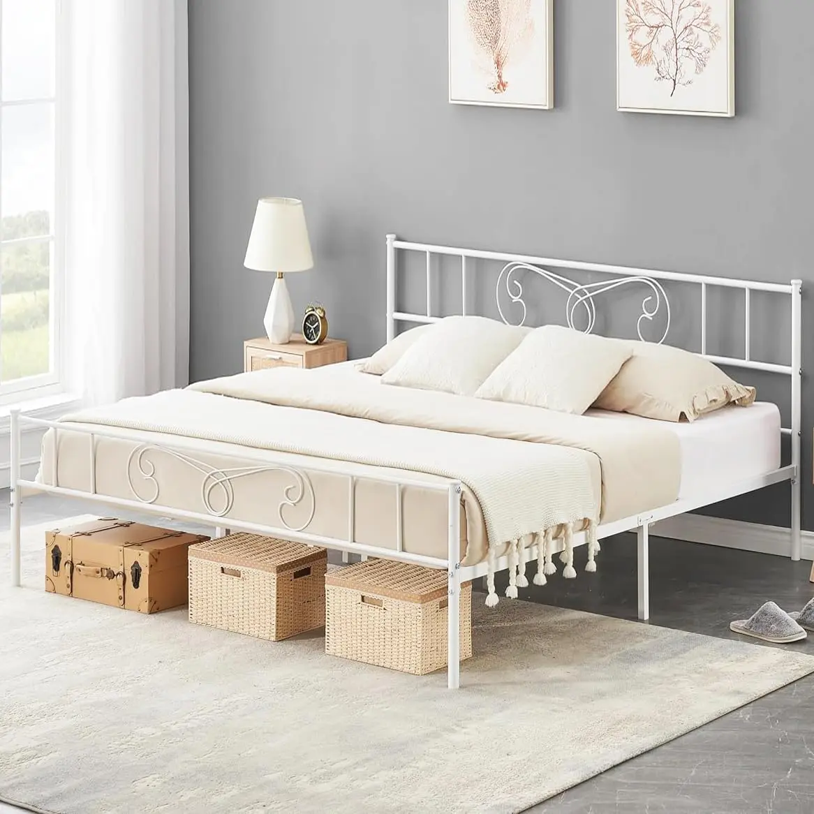 【Christmas Gift】93 White King Size Bed Frame with Storage Metal Bed Frame with Vintage Pattern Headboard and Footboard Mattress Foundation Easy Assembly