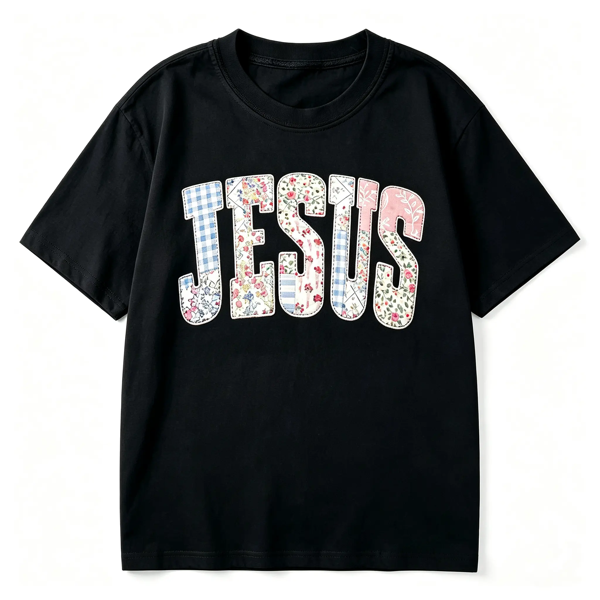 Christian Relaxed-Fit Short-Sleeve Classic Round Neck T-Shirt, Jesus Patchwork Floral Vintage Washed Faith-Based Oversized Street Style Sports Top, Shortsleeve