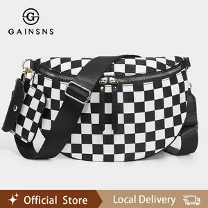 GAINSNS Checkerboard Plaid Checkered Black and White Crossbody Bag for Women, Trendy Fashion Nylon Shoulder Bag, Adjustable & Removable Straps, Belt Bag with Mini Headphone Pouch, Everyday Travel Essentials Bag