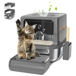 Stainless Steel Cat Litter Box with Lid, XL Extra Large Litter Box for Big Cats Odor-Free, Covered Kitty Litter Box with Removable Lid &Scoop, Non-Sticky, Anti-Urine Leakage