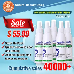 ClearZal Foot Sanitizer Spray with Tea Tree Oil, 4-Ounce 5 pieces Bottle Long-lasting disinfectant and antibacterial spray Long-lasting antibacterial effect to keep fresh  Tinea pedis, fungal infection, burning, itching, dandruff