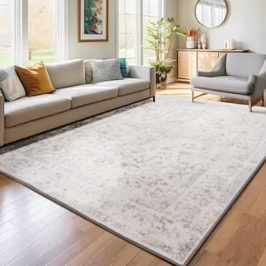 Grey Large Washable Area Rug, Boho Vintage Faux Wool Non-Slip Low Pile Rug For Living Room, Bedroom, Kids Room, Or Home Office, Soft Non-Shedding Indoor Carpet, 4x6, 5x7, 6x9, 8x10, 9x12 Feet