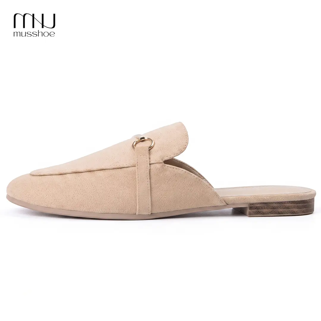 MUSSHOE Women’s Closed Toe Mule Loafers, Beige Suede-Look Slip On Flats with Gold Horsebit, Backless Work Shoes