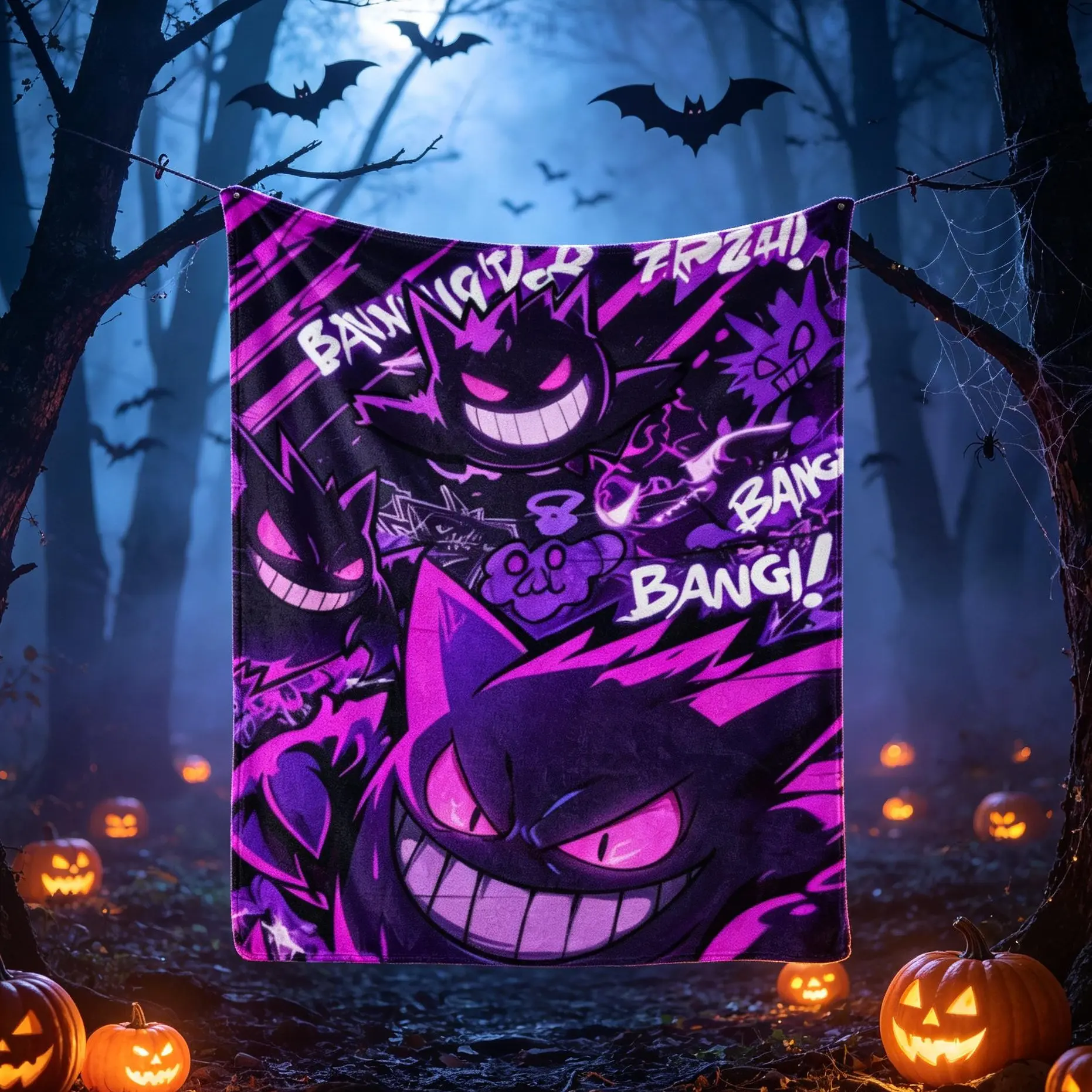 Gengar Halloween Blanket, Cute Ghost Character Flannel Throw Blanket, Purple Spooky Plush Blanket, Soft Cozy Flannel Blanket for Bed Sofa Couch, Halloween Decor Gift for Fans