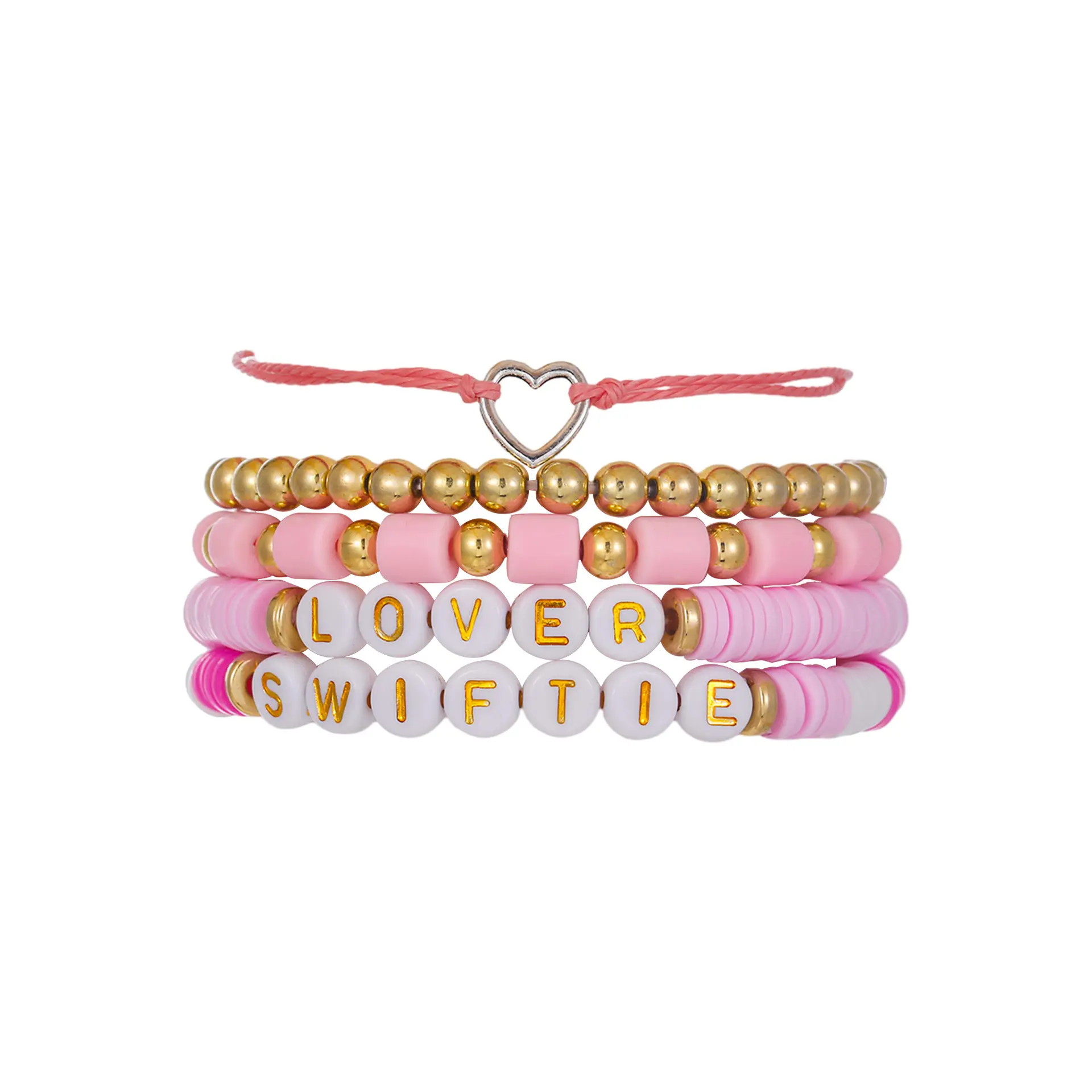 Polymer Clay 5 Pieces Suit Bracelet, Pink Polymer Clay Smiley Letter Beaded Bracelet Wrist Ring Adjustable,Stack Matching Bracelet, Fashion All-match Boho Jewelry, Casual Fashion Streetwear Accessories for Back To School