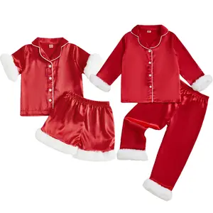 2Pcs Kids Girl Boy Christmas Pajamas Sets Feather Trim Short/Long Sleeve Button Down Tops with Pants Nightwear Sleepwear