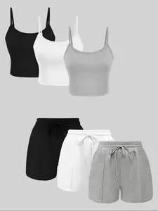 Women's 3 Sets Ribbed Cami Top & Drawstring Shorts Two Piece Outfit, Casual Sleeveless Crop Tank With High Waist Shorts, Summer Loungewear Set For Daily & Workout Clothes