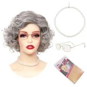 Old Woman Costume Set Grey Grandma Wig Accessories  for Halloween Party Wigs Grandmother Wig for  100 Days Costume Wigs for Women and Adults (Grey)