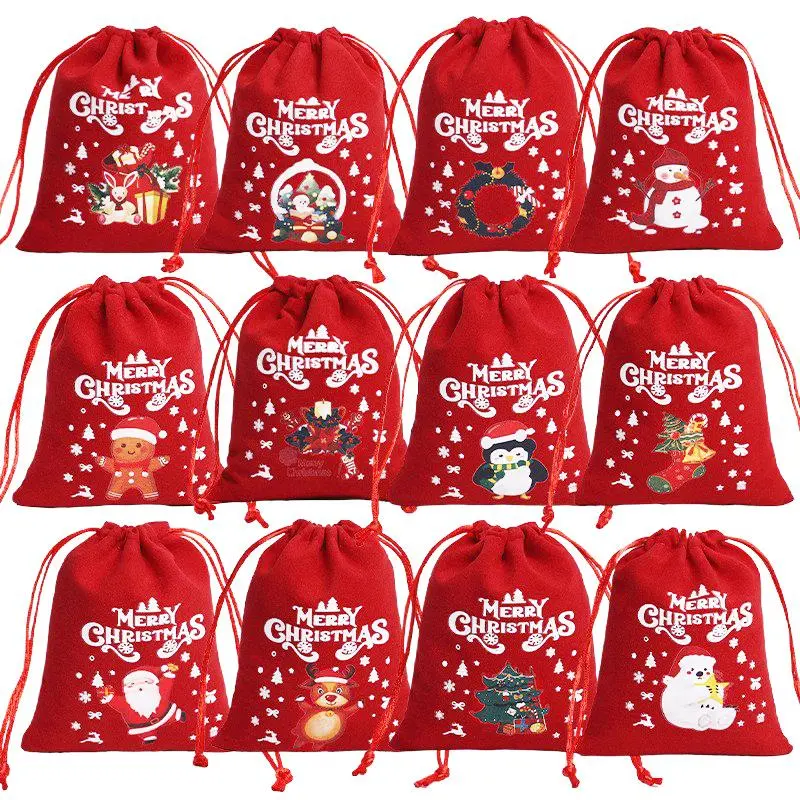 Christmas Theme Gift Bag, 12/24/36pcs Cute Drawstring Gift Bags, Gift Wrapping Supplies for Christmas Party Festive Party Supplies