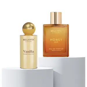 BellaVita Luxury Honey Oud & Vanilla Perfume Combo | Unisex Eau De Parfum Gift Set | Long Lasting Floral, Spicy & Musky Fragrances | 2 x 100ml | Premium, Elegant & Cruelty-Free Perfume Duo
