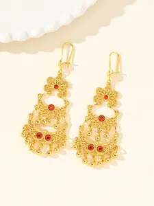 24k Gold Plated Ruby Pendant Earrings, Saudi Traditional Heavy Flower Ear Jewelry, Hypoallergenic Wedding Accessories for Brides