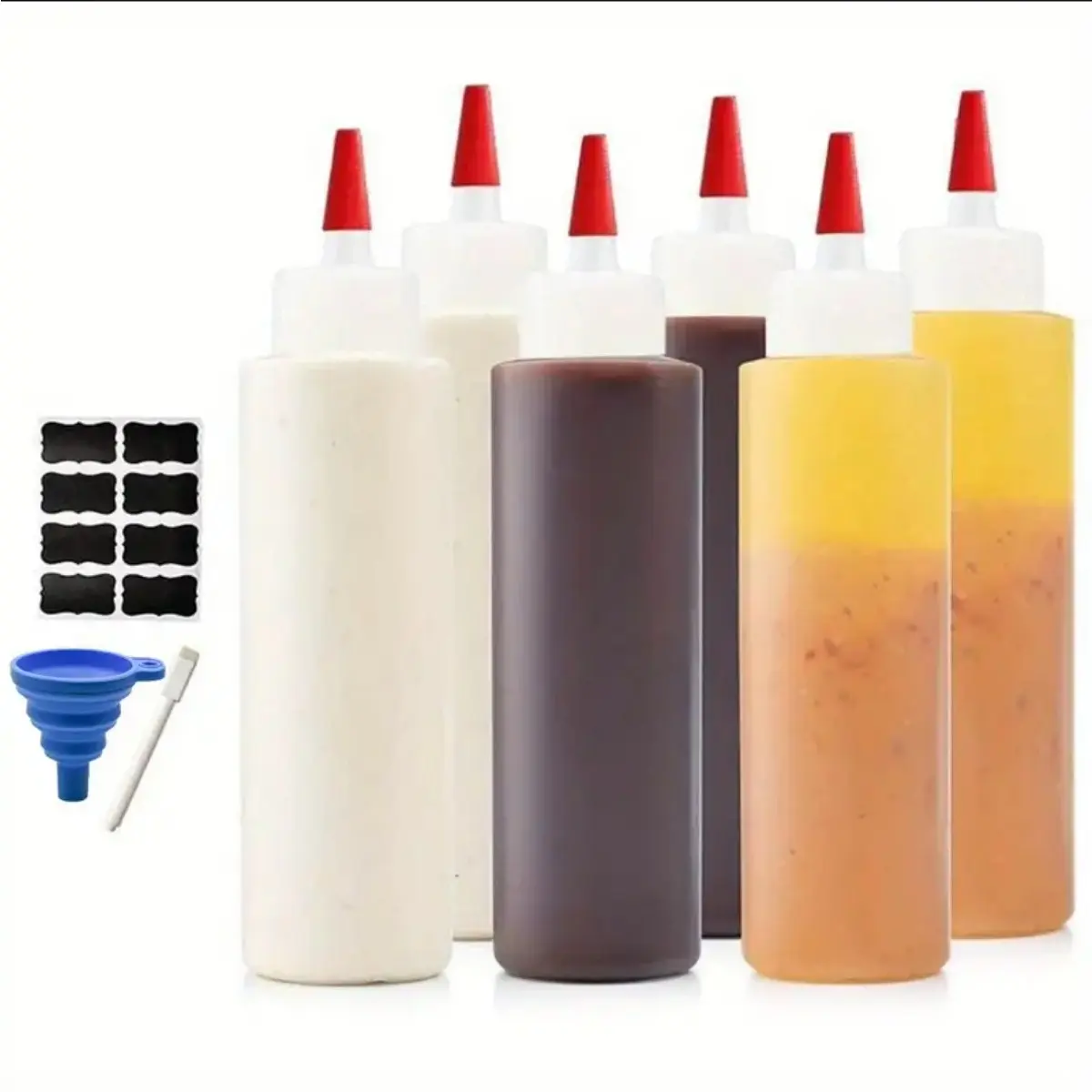 16 oz Durable Silicone Condiment Squeeze Bottles (6-Pack) - Includes Funnel, Erasable Marker & Reusable Labels, Ideal for Salad Dressings & Ketchup, Kitchen Home Organizer Storage Bottles