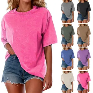 Holafish Acid Wash Unisex Oversized Cotton T-Shirt Crew Neck Half Short Sleeve Summer Top Casual Loose Fit Solid Streetwear Comfortable Tees Basic Womenswear Shortsleeve Tshirt