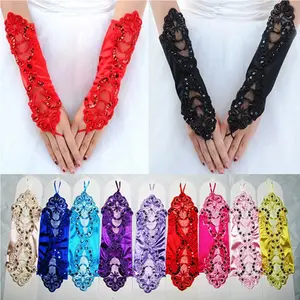 Sexy Ladies Girls Lace Satin Long Fingerless Gloves For Bride Evening Wedding Party Arm Elbow Prom