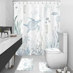 4 Pcs Sea Turtle Shower Curtain Set Ocean Bathroom Decor Coastal Marine Life Beach Theme Turtle Shower Curtain with Rugs Toilet Lid Cover Bath Mat