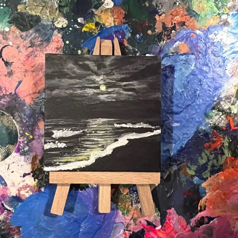 Moody Midnight Original Painting Mini Masterpiece 3x3in Unframed Acrylic on Canvas with Wood Easel Seascapes Artwork