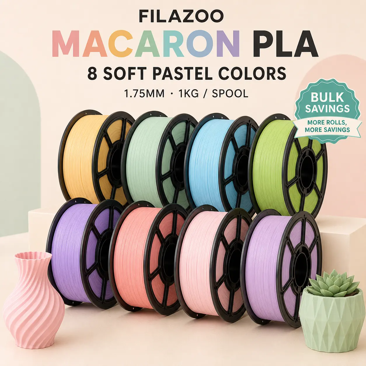 FILAZOO Macaron Color PLA 3D Printer Filament, 1.75mm, 1kg Spool, 8 Soft Pastel Colors for FDM Printers