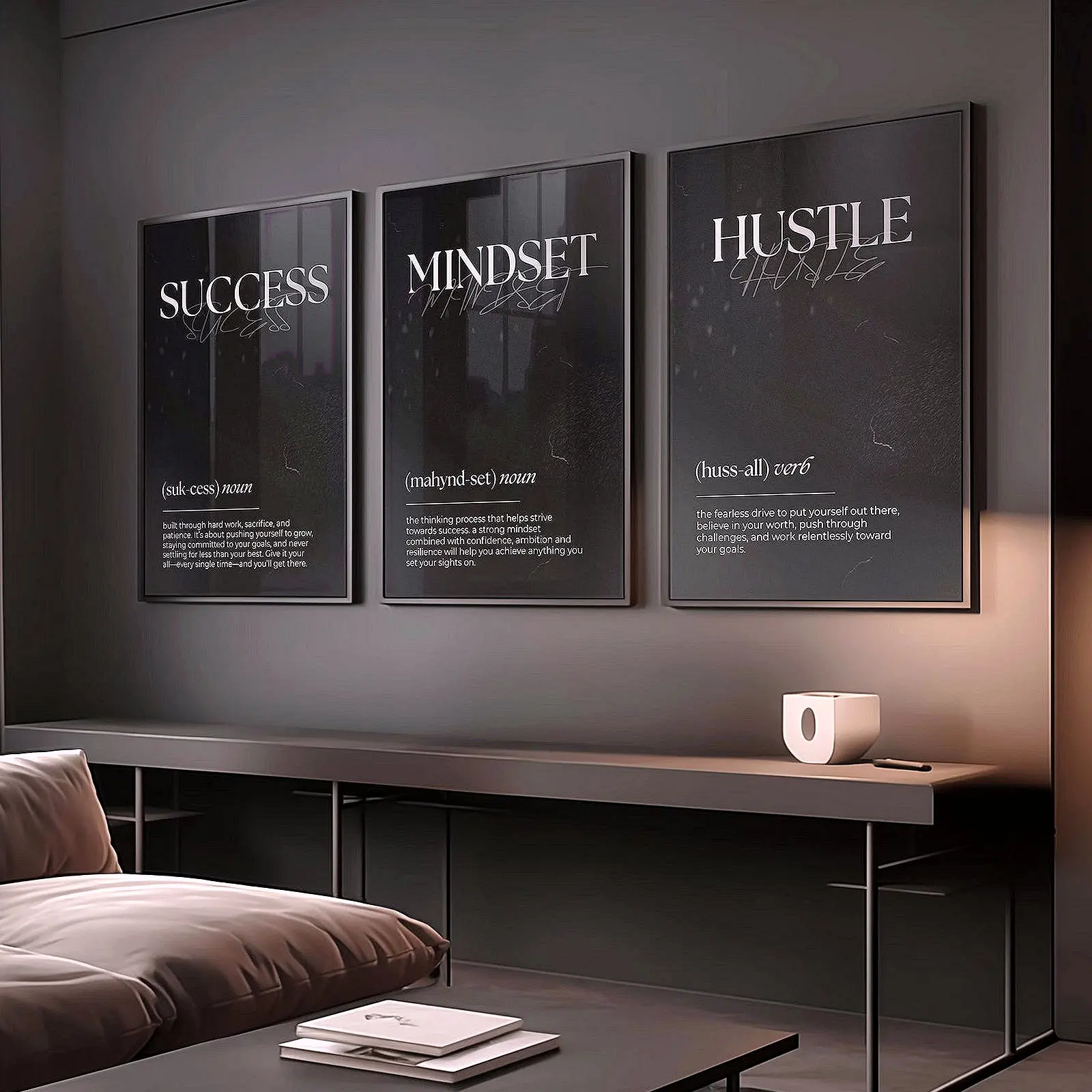 Set of 3 Success Mindset Hustle Definition Posters, Motivational Typography Wall Art, Unframed Premium HD Prints for Office, Home & Workspace Decor Gift
