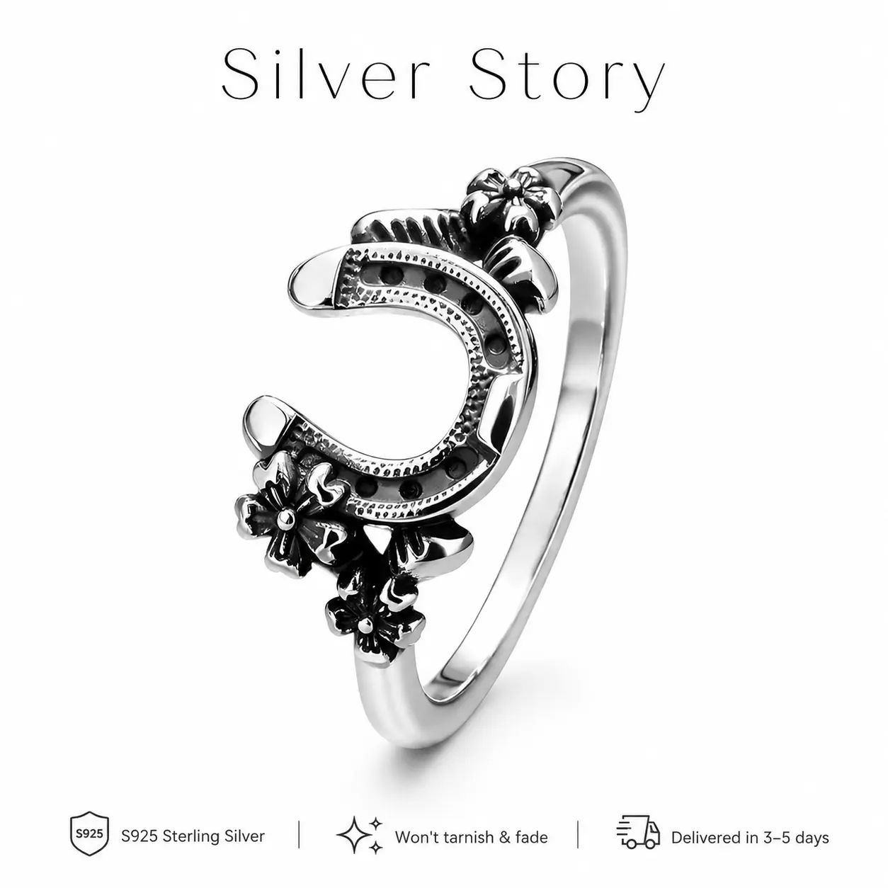 S925 Sterling Silver Oxidized Floral Horseshoe Open Statement Ring Lucky Good Luck Western Cowgirl Charm Jewelry Anniversary Valentine Gift For Her Women Horse Lover