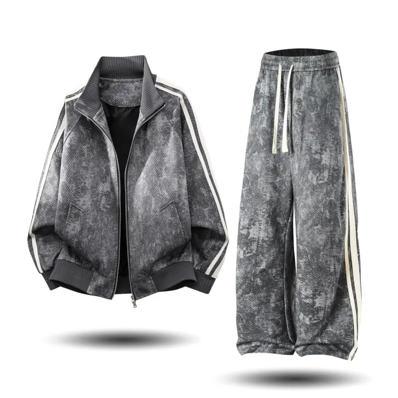 Men's Two Piece Vintage Washed Tracksuit Set, Zip Up Stand Collar Jacket And Drawstring Cuffed Joggers, Contrast Side Stripe Distressed Gray Print Fabric Co-ord Outfit Ideal For Street Sports Daily Outdoor Leisure Activities#SummerWins