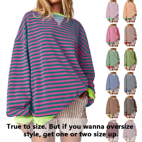 【Up To 3XL】Imily Bela Womens Striped Oversized Sweatshirt Color Block Crew Neck Long Sleeve Shirt Casual Loose Pullover Top Y2K Clothes back to school
