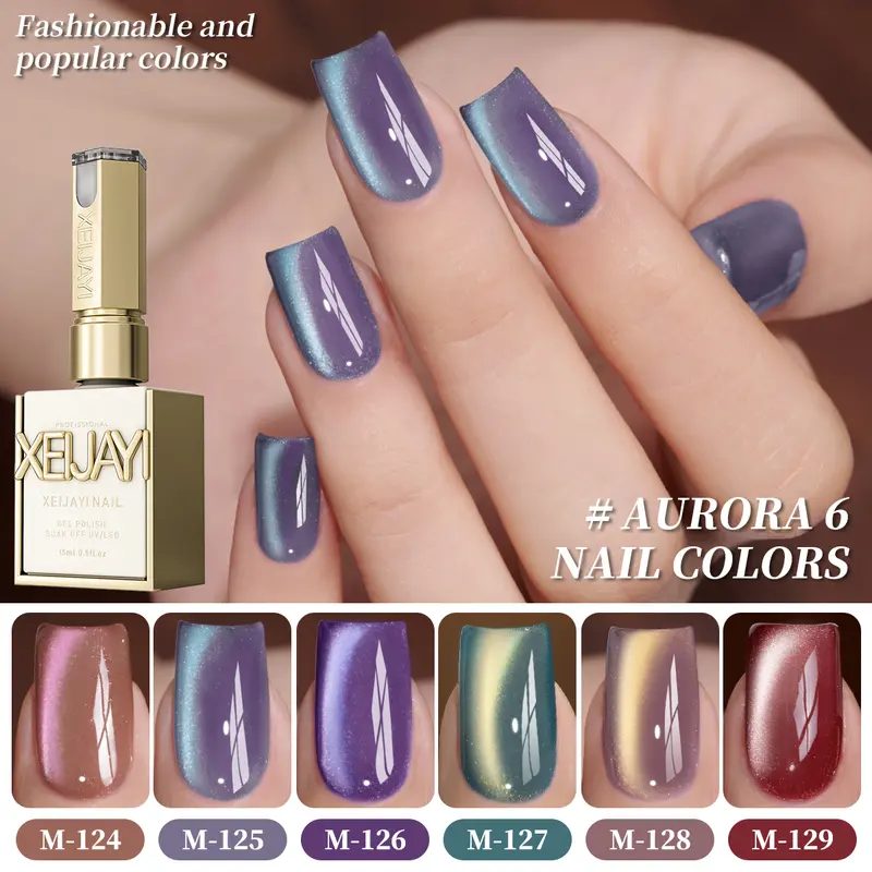 XEIJAYI 6PCS 15ML TPO&HEMA-Free Dopamine Aurora Rock Sugar Fruit Cat Eye Gel Nail Polish Set, Luminous Magnetic Shimmer Broken Diamond Effect Liquid, Colorful Nail Products with Flower Design Bottles, Soak-Off UV LED Gel for DIY Manicure, Salon Use