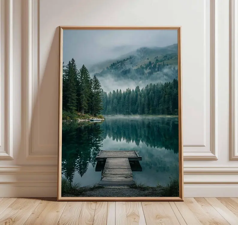 [Sale Up to 60% Off][Free Shipping][No Frame] Misty Lake Poster, Nature Landscape Wall Art, Tranquil Forest and Mountain Print, Scenic Outdoor Photography Home Decor