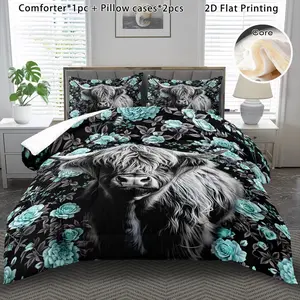 Three-Piece Bedding Set Highland Cow Floral Design, Soft Boho Cartoon Style, Autumn Winter Quilt Gift, Includes 1 Quilt + 2 Pillowcases