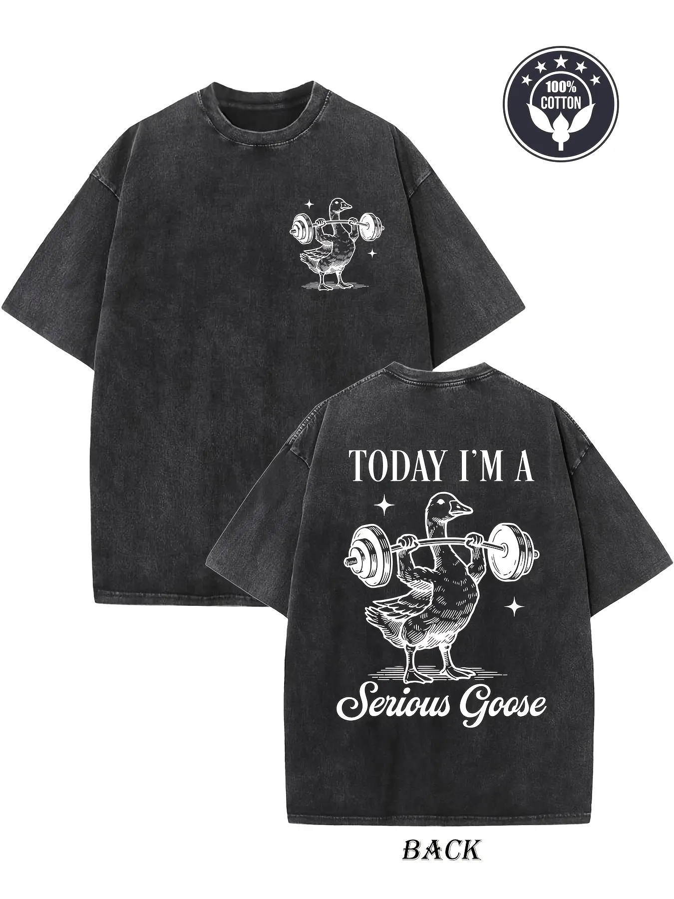 BACK TO SCHOOLMen's 230gsm 100% Cotton Shortsleeve Round Neck Vintage Graphic T-Shirt - "Today I Am Serious" Goose Pattern, Heavyweight Loose Distressed Washed, Double-Sided Print, Drop Shoulder, Ribbed Collar, Casual Streetwear, Festive Gift for BF, Men'