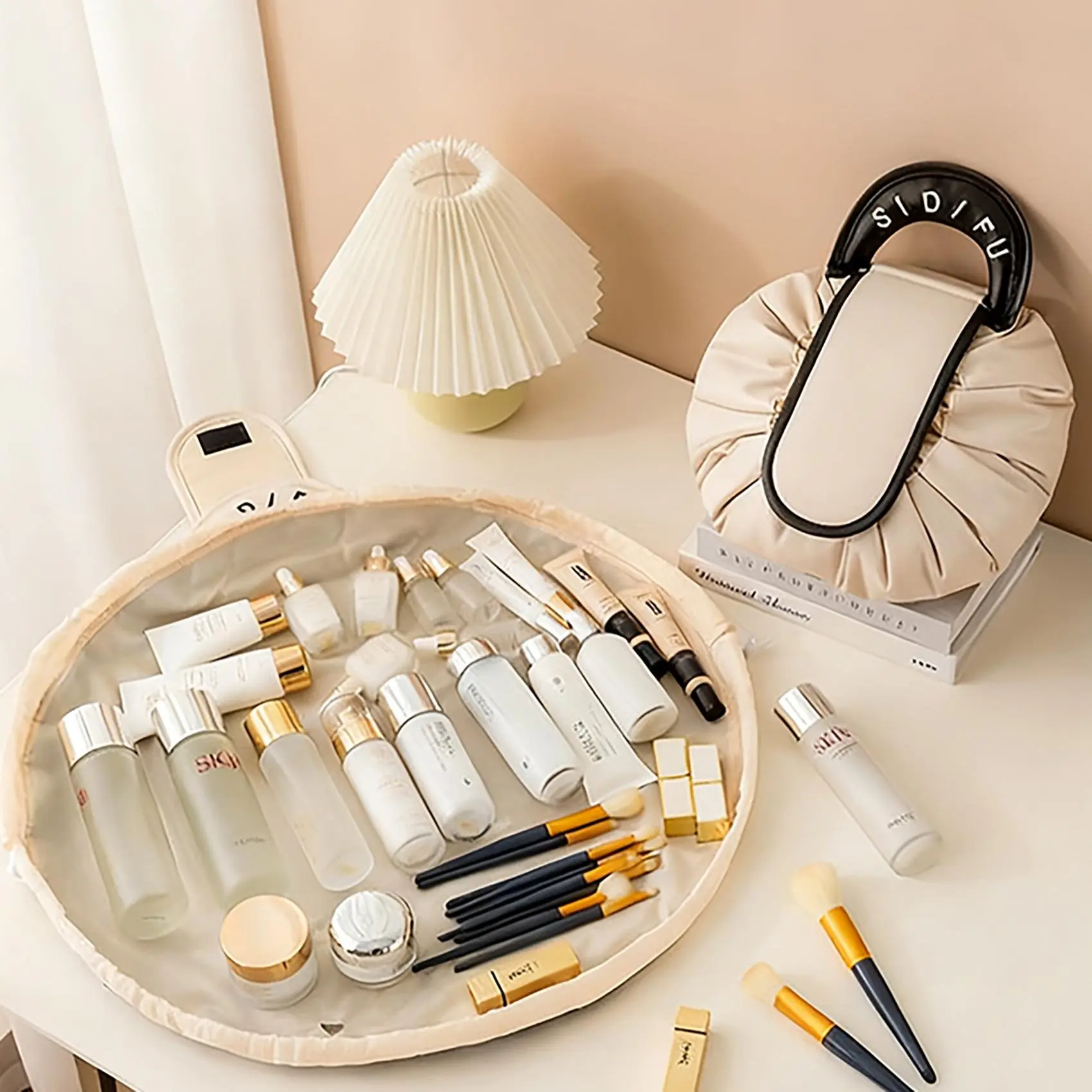 Lazy Drawstring Makeup Fashion Handbag,Large Size Extra Thick,Off-White,PU Leather Drawstring Makeup Bag, Makeup Toiletry Bag , Large Cosmetic Storage Bag, Waterproof Travel Makeup Bag