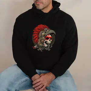 Aztec Warrior Skull Hoodie - Mexican Heritage Graphic, Cotton Blend Fleece Fabric Pullover Unisex Casual Streetwear Trendy Top for Men for Women