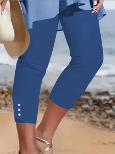 Women's Solid Color Fake Button Decor Capris Leggings, Slim-fitting Athletic Stretchable Casual Comfy Breathable Skinny Capris Pants for Yoga Gym Workout Running, Ladies Sportswear for All Seasons, Gym Fitness Leggings