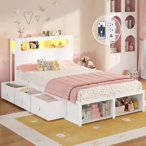 ADORNEVE Twin Bed Frame - Space-Saving Kids Bed with 6 Storage Drawers, 2-Tier LED Headboard, Power Outlets, RGB Lights, 2 Footboard Cubbies, No Box Spring Needed