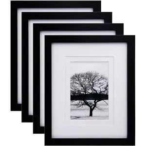 8x10 Picture Frames Set of 4, Made of Solid Wood Covered by Plexiglass 4x6 and 5x7 with Mat or 8x10 without Mat, for Table Top Display and Wall Mounting Photo Frame Black Decor Gift Room Wedding Landscape Wooden Artwork