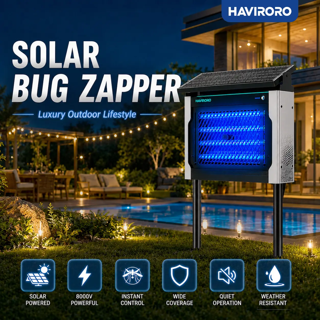 HAVIRORO Luxury Solar Mosquitozapper, 8000V Fully Automatic Electric Insect Zapper, Solar/USB Rechargeable 7500mAh Battery Tool, Waterproof Quick-Clean for Outdoor-Indoor Insect Control Needs, Mosquito Control Solutions for No More Mosquitoes