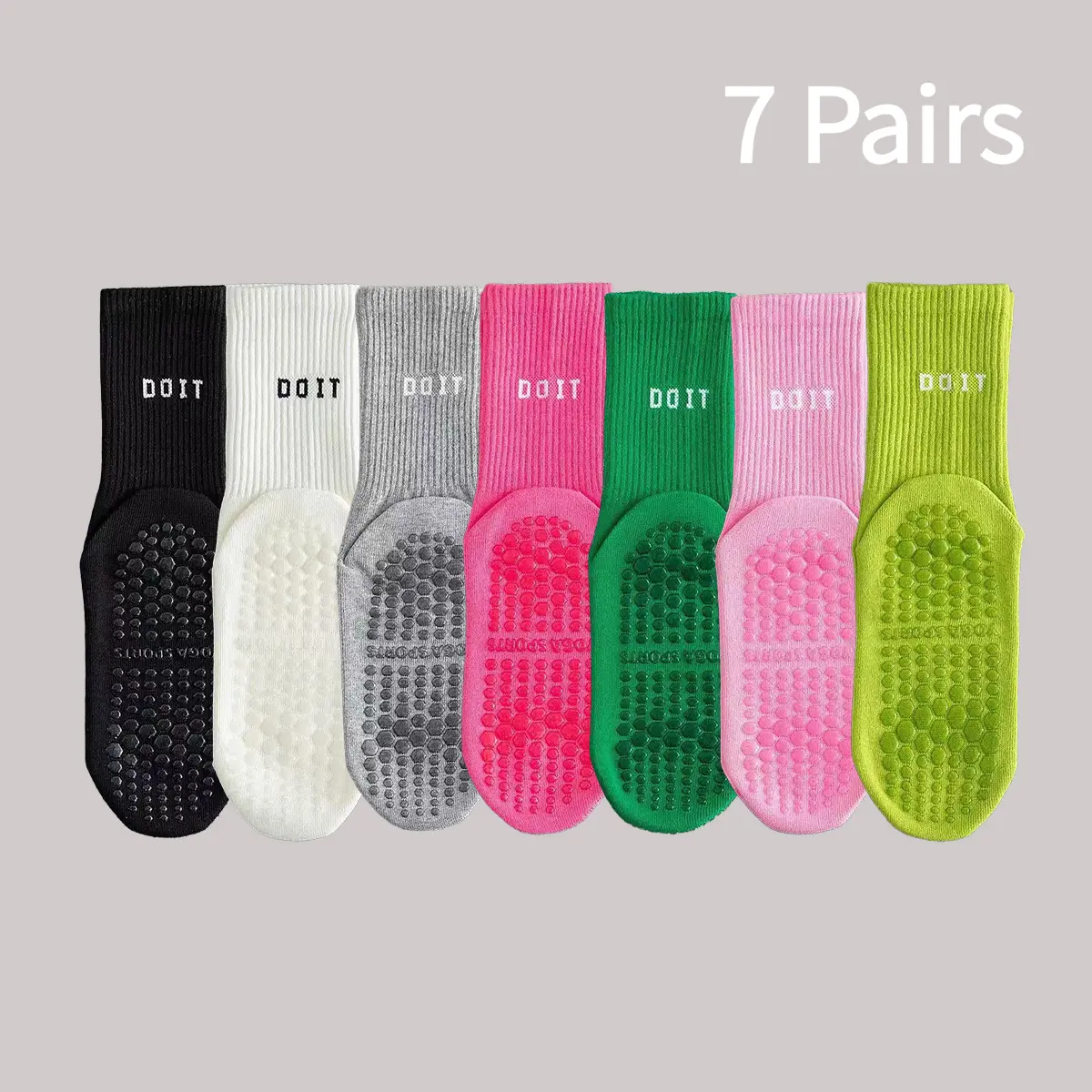 Women's 7-Pack Universal Workout Athletic Grip Socks, Breathable Anti-Slip Compression Crew Socks with High-Density Silicone Grips, "DO IT" Text Print for Yoga, Pilates, Adaptive Stretch Training