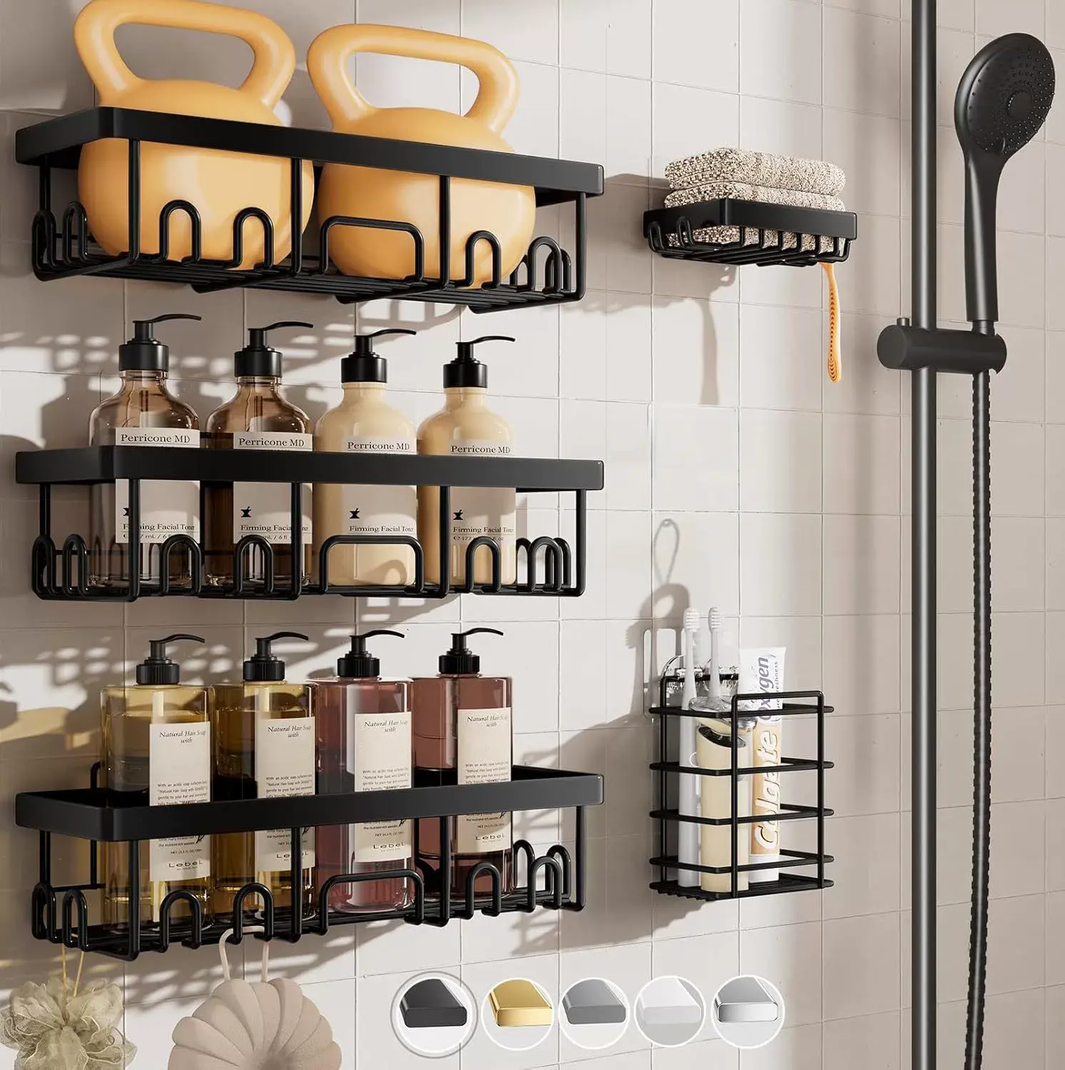5-piece bathroom storage rack set, wall-mounted organizer with hooks, no drilling required, easy installation, heavy-duty thickened metal mesh basket, premium matte rustproof baked finish, suitable for bathrooms, kitchens, and laundry rooms
