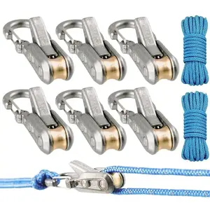 6-piece heavy-duty metal umbrella rope adjuster and tension adjustment tool (including roller tensioner) suitable for adjustable strap system for camping tarpaulin, ground anchor rope, marine equipment, and outdoor equipment, Rope Carabiner