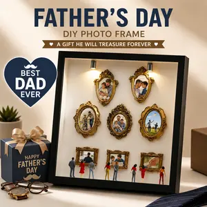 DIY Personalized Light-Up Wood Photo Shadow Box Kit - Premium Baroque Gold Frame with Spotlights & Mini Figures, Custom Keepsake for Father's Day, Graduation, Wedding, Anniversary & Baby First Birthday Gifts